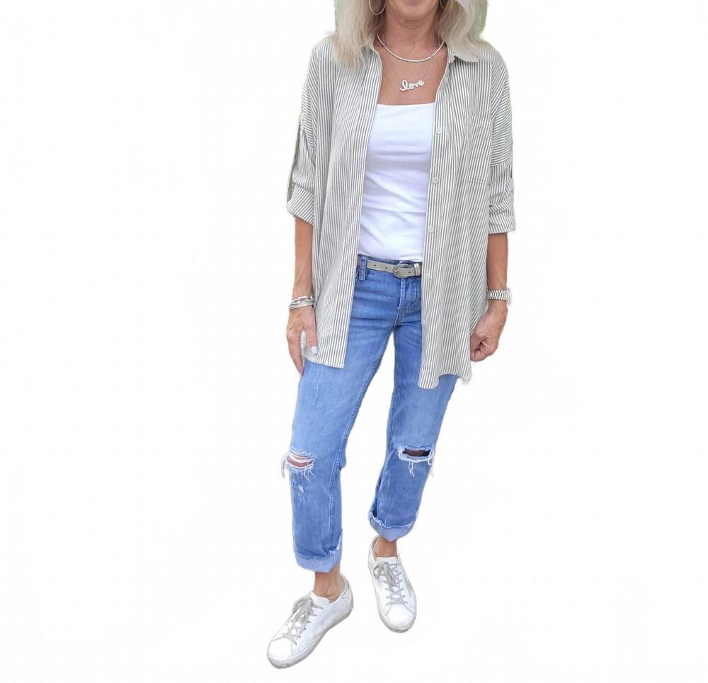 NEW DEX long sleeve stripe blouse in green, white